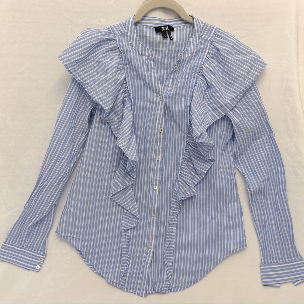 PAIGE Light Blue & White Striped Ruffle Button-Down Shirt